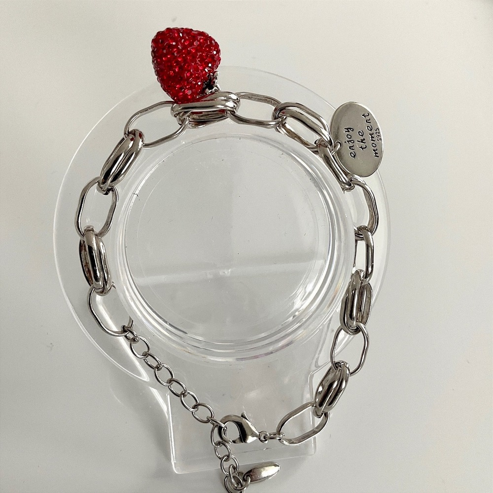 Bracelet Strawberry Charm Silver Tone Red Crystal Lobster Clasp Whimsical New
